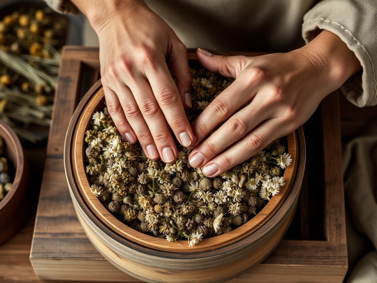 Manos artesanas trabajando con flores secas